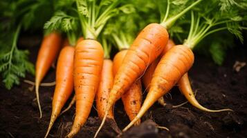 AI generated Soil covered vibrant orange carrots, close up view photo