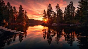 AI generated Crimson and gold hues on glassy lake and trees photo