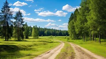 ai generado escénico belleza de un rural suciedad la carretera en un pintoresco ajuste foto