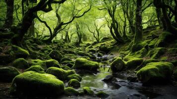 ai generado un tranquilo escena de un bosque con musgo cubierto arboles y plantas y un rayo de sol foto