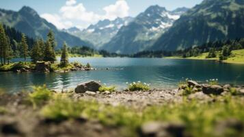 AI generated Miniature effect of lake and mountain scenery photo