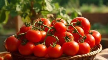 ai generado Tomates en un cesta bañado en calentar luz de sol foto