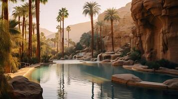 AI generated Canyon oasis with palm trees and clear pool background photo