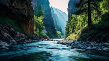 AI generated River in a Canyon with Sunlight and Reflections on the Water Surface photo