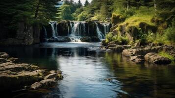 AI generated Waterfall flowing into a lake surrounded by trees photo