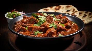 AI generated Close view of delectable rogan josh and naan plate photo