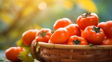 AI generated Bokeh background with a basket of ripe persimmons photo