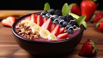 AI generated Bowl of acai with a burst of colorful toppings photo