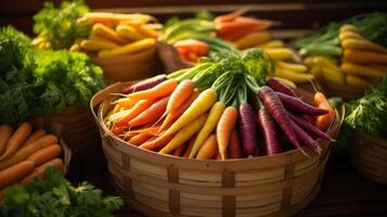 AI generated Vibrant baskets showcasing an array of heirloom carrots photo