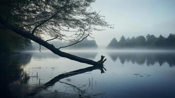 AI generated A tranquil lake on a misty morning a rare and amazing sight to witness photo