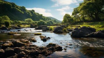 AI generated Peaceful river and rocks in scenic view photo