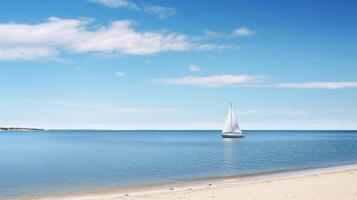 AI generated Sandy beach with sailboat and pristine sea in the background photo