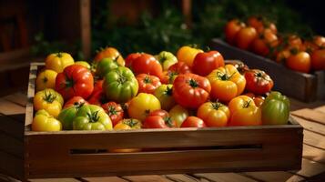 AI generated Heirloom tomatoes in a charming wooden crate photo