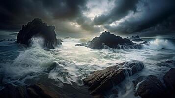 AI generated Turbulent sea under a dramatic storm sky photo