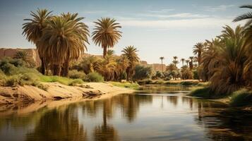 AI generated A tranquil oasis in the middle of a vast desert landscape photo