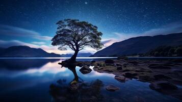 ai generado soñador lago paisaje con estrellado noche cielo y solitario árbol foto