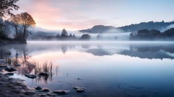 ai generado tranquilo lago con niebla creciente a amanecer en escénico ver foto