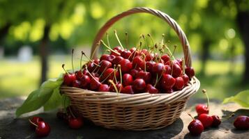 AI generated Basket brimming with sweet, juicy cherries photo