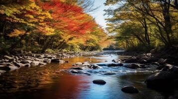 AI generated Tranquil river with vibrant fall foliage in scenic view photo