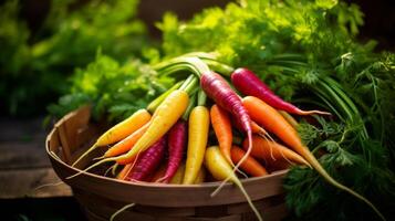 ai generado ingenioso Disparo de un cesta exhibiendo un arco iris de vistoso zanahorias foto