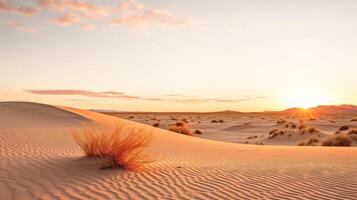 ai generado un sereno y maravilloso ver de un tranquilo Desierto duna a puesta de sol con un dorado cielo y un sombra foto