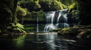 AI generated Peaceful waterfall and greenery in natural environment photo