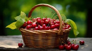 AI generated Woven basket filled with sweet, succulent cherries photo