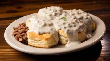 AI generated Southern style plate with biscuits and gravy photo