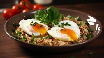 ai generado huevos y quinua en un proteína lleno desayuno foto