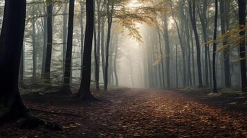 AI generated A serene scene of a misty woodland with sun rays peeking through the trees photo