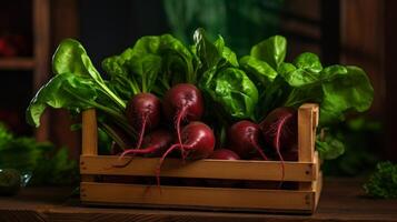 AI generated Detailed shot of vibrant beets neatly arranged in a wooden basket photo