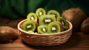 AI generated Basket of sliced kiwis in a lush tropical setting photo