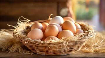 ai generado huevos arreglado en un rústico cesta, ofrecimiento un granja Fresco apelación foto