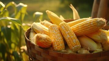 AI generated Basket filled with golden corn cobs captured in close detail photo