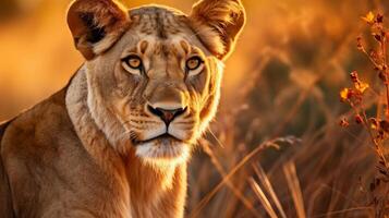 AI generated A beautiful lioness enjoying the sun rays on a rock in a natural setting photo