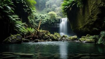 AI generated Scenic view of waterfall and pool in lush canyon photo