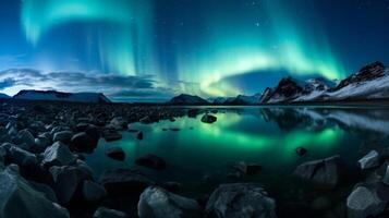 AI generated Remote glacial lake with northern lights in scenic view photo