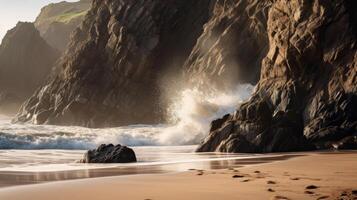 AI generated Secluded beach with rugged cliffs and crashing waves in nature photo
