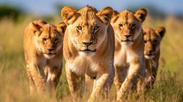 ai generado merodeando leones en el salvaje con amarillo césped foto