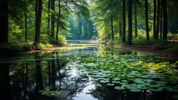 ai generado un pacífico y refrescante paisaje de un tranquilo bosque estanque con lirio almohadillas y un verdor de el arboles foto