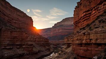 AI generated Stunning and romantic canyon landscape with moonrise photo