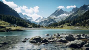 ai generado hermosa alpino lago con turquesa aguas y luz de sol foto