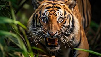 AI generated Jungle tigress showing fierce attitude closeup photo