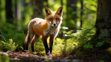 ai generado cerca arriba de rojo zorro con curioso expresión en bosque foto