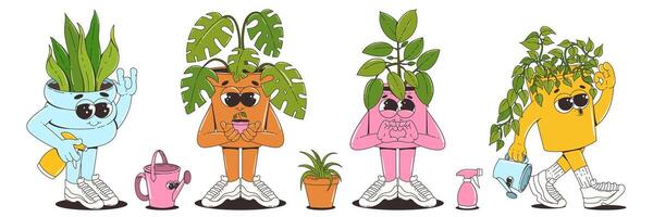 A set of house plant characters in trendy retro groovy cartoon style. Cool potted flowers in sneakers. 60s 70s vibes. Trendy vector illustration