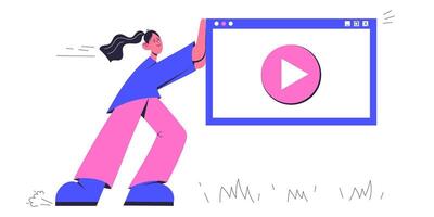 Girl pushing video player window. Modern vector illustration of characters. Blogging concept.