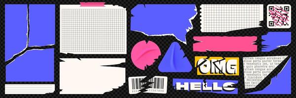 A brightly colored set of torn collage paper. Torn pieces of paper, vinyl stickers, text clippings, checkered notebook sheets and barcode. Modern vector illustration.