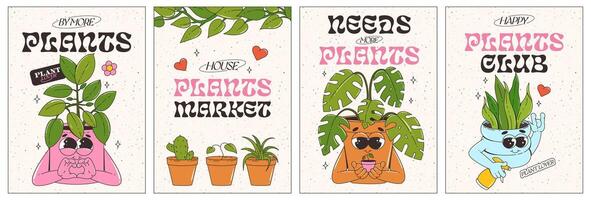 casa planta mercado conjunto carteles gracioso retro caracteres de flores y plantas. de moda retro maravilloso dibujos animados estilo. vector ilustración.