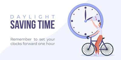 luz ahorro hora comienza primavera adelante web bandera, póster. vector ilustración con hombre torneado reloj hora adelante, hombre en bicicleta.