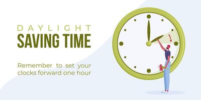 Daylight saving time begins. Spring forward web banner, poster. Vector illustration with indian man with bouquet of flowers in hand turning clock hour ahead.